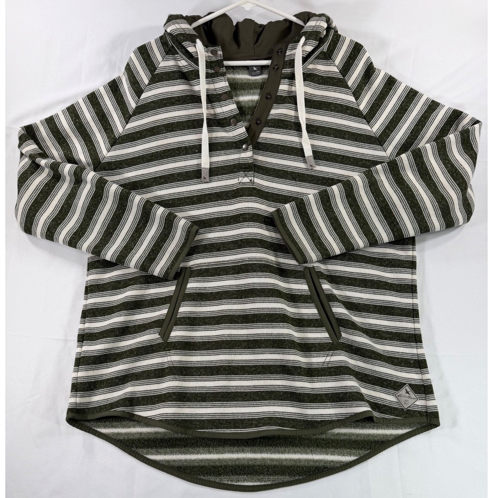 Eddie Bauer Womens 2XL Striped Fleece Hoodie Snap Henley Olive Green Pullover